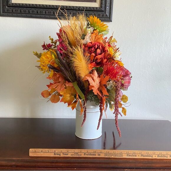 Fall Faux Floral Bouquet in White Jar With Sunflowers/Peonies - Picture 10 of 13